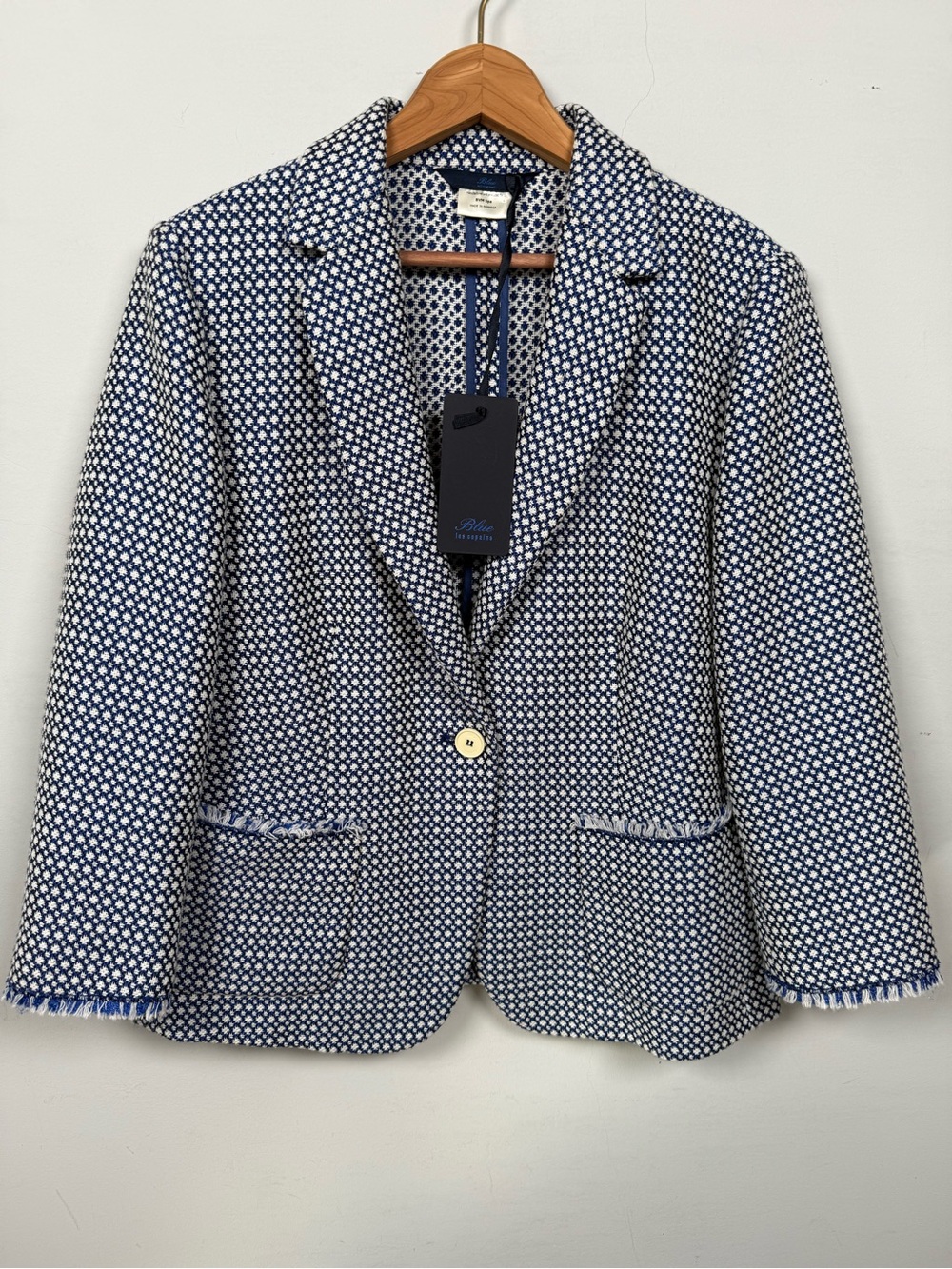 NWT BLUE Les Copains Knit Tweed Blazer Blue White Frayed Trim Size IT 46 (US 10)
